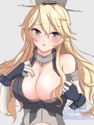 Rule 34 | 1girl, blonde hair, blue eyes, breasts, cleavage, elbow gloves, front-tie top, gloves, grey background, hair between eyes, headgear, highres, iowa (kancolle), kantai collection, large breasts, lips, miniskirt, nitamako (sakamalh), signature, simple background, skirt, solo, star-shaped pupils, star (symbol), symbol-shaped pupils, twitter username, upper body, white gloves