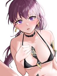 Rule 34 | 1girl, alternate costume, amari ooi, banknote, between breasts, bikini, bikini top only, black bikini, black choker, blush, breasts, card, choker, cleavage, collarbone, commentary, dolla (nikke), earrings, eyelashes, furrowed brow, goddess of victory: nikke, halterneck, hand on own chest, jewelry, lips, long hair, looking at viewer, medium breasts, money, navel, parted lips, ponytail, purple eyes, purple hair, simple background, solo, string bikini, sweatdrop, swimsuit, tucked money, upper body, white background