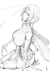 Rule 34 | 1girl, antenna hair, bare shoulders, breasts, carapace, greyscale, hand on lap, highres, arthropod girl, insect wings, large breasts, monochrome, monster girl, nakamura regura, original, seiza, shirt, short hair, sitting, sketch, sleeveless, sleeveless shirt, smile, solo, wings
