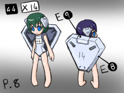 Rule 34 | 2girls, armored core, armored core: for answer, back, barefoot, blue eyes, booster (object), diagram, from software, front, gradient background, green eyes, mecha musume, multiple girls, personification, purple hair, short hair, simple background