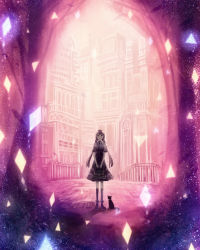 Rule 34 | 1girl, bag, black dress, black eyes, boots, brown hair, cat, city, cityscape, closed mouth, commentary request, dress, fantasy, highres, holding, holding bag, kneehighs, looking at viewer, low twintails, magic, original, railing, road, sakimori (hououbds), scenery, short sleeves, smile, socks, standing, twintails