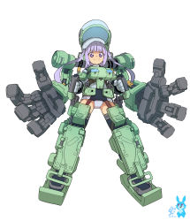 Rule 34 | 1girl, absurdres, beret, blunt bangs, commentary, dated, frame arms girl, full body, gluteal fold, greifen, hat, highres, long hair, looking at viewer, mecha musume, purple eyes, purple hair, rtari, signature, smile, solo, standing, twintails, white background