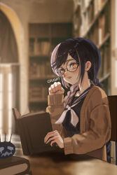 Rule 34 | 1girl, absurdres, black hair, black shirt, blurry, blurry background, book, braid, brown eyes, brown jacket, coughing, failose, hair ornament, hairclip, highres, hololive, hololive english, indoors, jacket, long hair, long sleeves, multicolored hair, neckerchief, open book, shiori novella, shirt, simple background, sitting, table, twin braids, two-tone hair, virtual youtuber, white hair, white neckerchief