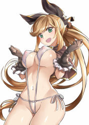 Rule 34 | 1girl, bikini, black bow, black gloves, blonde hair, bow, breasts, cape, clarisse (granblue fantasy), covered erect nipples, elbow gloves, frilled gloves, frills, gloves, granblue fantasy, green eyes, hair bow, kaorihero, large breasts, long hair, looking at viewer, navel, open mouth, ponytail, see-through, shiny skin, side-tie bikini bottom, slingshot swimsuit, standing, swimsuit, very long hair, white background, white bikini