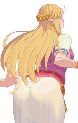 Rule 34 | 1girl, armlet, ass, ass smack, belt, blonde hair, circlet, commentary, dress, earrings, english commentary, green eyes, highres, jewelry, long hair, nintendo, panties, pantylines, pointy ears, princess zelda, see-through, simple background, solo, spanked, spanking, super smash bros., surprised, suwaiya, the legend of zelda, the legend of zelda: a link between worlds, thighs, underwear, white background, white dress, white panties