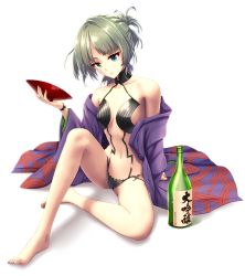 Rule 34 | 1girl, alcohol, bare legs, bare shoulders, barefoot, bottle, breasts, collarbone, cosplay, cup, eyebrows, fate/grand order, fate (series), feet, green eyes, green hair, head tilt, heterochromia, highres, holding, idolmaster, idolmaster cinderella girls, infinote, japanese clothes, jewelry, kimono, looking at viewer, matching hair/eyes, mole, mole under eye, navel, neck ring, off shoulder, open clothes, open kimono, revealing clothes, sakazuki, sake, sake bottle, short hair, shuten douji (fate), shuten douji (fate) (cosplay), shuten douji (first ascension) (fate), simple background, sitting, small breasts, smile, solo, spread legs, stomach, takagaki kaede, toes, white background, wrist cuffs