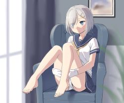 Rule 34 | 1girl, armchair, ass, bad id, bad pixiv id, bare legs, barefoot, blue eyes, blush, chair, closed mouth, cnm, curtains, eyes visible through hair, feet, full body, gloves, hair over one eye, hamakaze (kancolle), hugging own legs, indoors, kantai collection, legs up, miniskirt, neckerchief, painting (object), panties, pantyshot, pleated skirt, school uniform, serafuku, shirt, short hair, short sleeves, silver hair, sitting, skirt, solo, sweat, thighs, toes, underwear, white gloves, white shirt, white skirt, window, yellow neckerchief