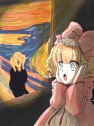 Rule 34 | 1girl, blonde hair, bow, coat, commentary request, cowboy shot, dress, drill hair, fine art parody, frilled bow, frills, green eyes, hair bow, hands on own cheeks, hands on own face, hinaichigo, imitating, kiru (m putorius), lolita fashion, long sleeves, medium bangs, open mouth, painting (object), parody, pink bow, pink coat, quad drills, rozen maiden, short hair, solo, surprised, the scream, white dress