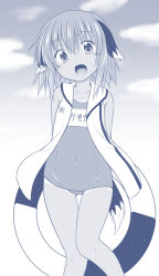 Rule 34 | 1girl, :d, animal ears, arms behind back, blue theme, blush, coat, covered navel, dog ears, dog tail, greyscale, head tilt, innertube, kasodani kyouko, kazawa (tonzura-d), looking at viewer, monochrome, one-piece swimsuit, open clothes, open mouth, school swimsuit, short hair, sleeveless, sleeveless coat, smile, solo, swim ring, swimsuit, tail, tan, tanline, touhou