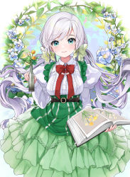 Rule 34 | 1girl, absurdres, belt, black belt, blue eyes, blue flower, blush, book, bottle, bow, breasts, collared shirt, flower, green skirt, highres, light smile, long hair, long skirt, long sleeves, looking at viewer, low twintails, medium breasts, open book, original, puffy long sleeves, puffy sleeves, red bow, shirt, skirt, solo, suspender skirt, suspenders, swept bangs, tate yukimi, twintails, underbust, very long hair, white hair, white shirt, yellow flower