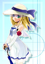 Rule 34 | 1girl, aqua background, blonde hair, closed umbrella, green eyes, hat, see-through, solo, standing, tagme, umbrella, wakaba sprout