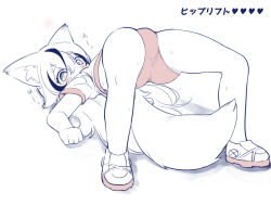 Rule 34 | 1girl, animal ear fluff, animal ears, ass, blush, buruma, commentary request, foxxre, full body, gym shirt, gym uniform, hair between eyes, heart, monochrome, multicolored hair, original, panties, panties under pantyhose, pantyhose, parted lips, red buruma, shadow, shirt, shoes, short eyebrows, short sleeves, simple background, solo, streaked hair, sweat, tail, thick eyebrows, translation request, underwear, white background