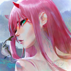 Rule 34 | 10s, 1girl, aqua eyes, bare shoulders, commentary, darling in the franxx, fish, freckles, from side, grey background, highres, horns, looking at viewer, oliver wetter, one eye closed, pink hair, profile, solo, water, zero two (darling in the franxx)
