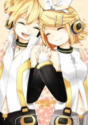 Rule 34 | 1boy, 1girl, absurdres, arm warmers, blonde hair, brother and sister, detached sleeves, closed eyes, hair ornament, hair ribbon, hairclip, holding hands, headphones, highres, kagamine len, kagamine len (append), kagamine rin, kagamine rin (append), kei-chan (atlas kei), nail polish, navel, ribbon, short hair, shorts, siblings, smile, twins, vocaloid, vocaloid append