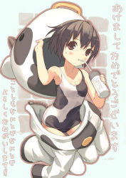 Rule 34 | 00s, 1girl, 2009, animal costume, animal print, brown eyes, brown hair, cow costume, cow print, drink, drinking, drinking straw, new year, one-piece swimsuit, outline, school swimsuit, short hair, solo, sweat, swimsuit, thermos, zipper