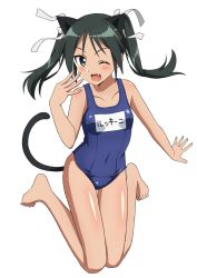 Rule 34 | 1girl, animal ears, blue one-piece swimsuit, blush, breasts, cat ears, cat tail, collarbone, fang, francesca lucchini, full body, green eyes, green hair, hair ribbon, highres, kanata mako, long hair, looking at viewer, one-piece swimsuit, one eye closed, open mouth, ribbon, shiny skin, simple background, small breasts, smile, solo, strike witches, swimsuit, tail, twintails, white background, world witches series