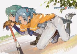 Rule 34 | 2girls, ahoge, baseball bat, baseball glove, baseball uniform, blue eyes, blue hair, cleats, closed mouth, commentary, copyright name, covered mouth, from side, green hair, hair bobbles, hair ornament, hand on weapon, hand rest, hayakawa aoi, highres, hug, hug from behind, jikkyou powerful pro yakyuu, kakeami, layered sleeves, leaf, light smile, long sleeves, looking at viewer, looking to the side, multiple girls, on one knee, one side up, orange shirt, own hands together, pants, parted bangs, shirt, short hair, short over long sleeves, short sleeves, sportswear, tachibana mizuki (pawapro), undershirt, white background, white pants