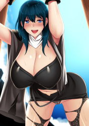 Rule 34 | 1girl, blue eyes, blue hair, blush, breasts, byleth (female) (fire emblem), byleth (fire emblem), cameltoe, cleavage, curvy, fire emblem, fire emblem: three houses, highres, huge breasts, long hair, looking at viewer, megatama, navel, nintendo, open mouth, restrained, smile, solo, sweat, thick thighs, thighs, torn clothes