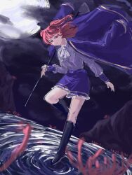 Rule 34 | 1girl, absurdres, alternate costume, black footwear, blue coat, blue skirt, blurry, blurry foreground, closed mouth, coat, commentary, flower, full body, full moon, highres, long sleeves, looking at viewer, moon, onozuka komachi, red eyes, red hair, shirt, short hair, skirt, snowpi, solo, spider lily, touhou, two side up, water, white shirt