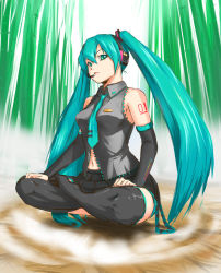 Rule 34 | 1girl, aqua eyes, aqua hair, bamboo, bamboo forest, detached sleeves, floating, forest, hatsune miku, headphones, headset, highres, indian style, long hair, lotus position, mac (dog dog), nature, navel, necktie, sitting, skirt, solo, thighhighs, twintails, very long hair, vocaloid, zettai ryouiki