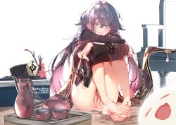 Rule 34 | 1girl, bare shoulders, barefoot, black hat, bottomless, brown hair, censored, chinese clothes, closed eyes, cup, feet, genshin impact, ghost, hat, hu tao (genshin impact), legs, looking at viewer, mosaic censoring, nail polish, pussy, red eyes, sitting, smile, soles, solo, star-shaped pupils, star (symbol), sweat, sydus, symbol-shaped pupils, tailcoat, tea, teacup, teapot, toenail polish, toenails, toes, top hat