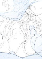 Rule 34 | 1girl, aisha landar, blush, breasts, cowgirl position, cum, cum in pussy, detached sleeves, elsword, girl on top, hat, long hair, looking down, nipples, one eye covered, oz sorcerer (elsword), penis, sex, sketch, small breasts, smile, straddling, sweat, thighhighs, very long hair, waero, witch hat, zipper