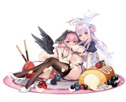 Rule 34 | 2girls, absurdres, angel wings, areola slip, bikini, black bikini, black thighhighs, black wings, blue archive, blueberry, blush, bread, breasts, cherry, commentary request, cream, feathered wings, food, fruit, hair bun, head wings, highres, koharu (blue archive), large breasts, long hair, mika (blue archive), multiple girls, open mouth, pink eyes, pink hair, pocky, puffy short sleeves, puffy sleeves, rinringyo, short sleeves, single side bun, small breasts, strawberry, swimsuit, thighhighs, torn clothes, torn thighhighs, transparent background, twintails, white wings, wings, yellow eyes