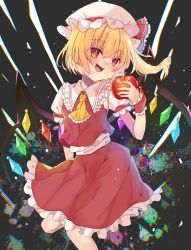Rule 34 | 1girl, absurdres, apple, ascot, blonde hair, collared shirt, fangs, feet out of frame, flandre scarlet, food, frilled ascot, frilled ribbon, frilled shirt collar, frilled skirt, frills, fruit, hair between eyes, hat, hat ribbon, head tilt, highres, holding, holding food, holding fruit, irodorikaeru, looking at viewer, medium hair, mob cap, multicolored wings, open mouth, puffy short sleeves, puffy sleeves, red apple, red eyes, red ribbon, red skirt, red vest, ribbon, shirt, short sleeves, side ponytail, skirt, skirt set, solo, touhou, vest, white hat, white shirt, wings, wrist cuffs, yellow ascot