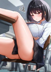 Rule 34 | 1girl, absurdres, black hair, black skirt, bralines, breasts, cable divider, chair, classroom, collared shirt, desk, earbuds, earphones, highres, iro (boo iro), large breasts, long sleeves, miniskirt, object on breast, original, red eyes, school chair, school desk, school uniform, shirt, short hair, sitting, skirt, solo focus, tablet pc, white shirt