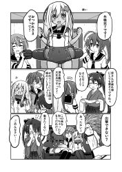 Rule 34 | 10s, 1boy, 4girls, admiral (kancolle), alternate costume, flying sweatdrops, gin (shioyude), greyscale, hair ornament, halftone, hands on own face, highres, houshou (kancolle), i-168 (kancolle), i-58 (kancolle), kantai collection, monochrome, monochrome, multiple girls, ro-500 (kancolle), scarf, scarf over mouth, sleeping, sparkle, star (symbol)
