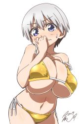 Rule 34 | 1girl, bad id, bad twitter id, bikini, blue eyes, breasts, commentary request, covering own mouth, cowboy shot, fang, grey hair, hair between eyes, hand over own mouth, highres, huge breasts, looking at viewer, short hair, side-tie bikini bottom, signature, simple background, skin fang, solo, strap slip, sweatdrop, swimsuit, takeya yuuki, uzaki-chan wa asobitai!, uzaki hana, white background, yellow bikini