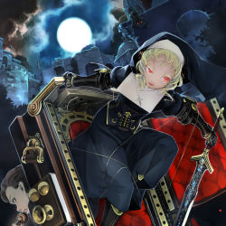 Rule 34 | 1boy, 1girl, armor, blonde hair, blue eyes, brown hair, castle, cloud, cloudy sky, coffin, cross, cross necklace, fangs, fog, gauntlets, glowing, glowing eyes, highres, holding, holding phone, holding sword, holding weapon, jewelry, knight, long hair, looking back, monster, moon, necklace, night, night sky, nun, open mouth, original, outdoors, phone, red eyes, sky, slit pupils, steampunk, sword, teeth, tree, vampire, weapon, yunar
