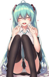 Rule 34 | 0102 (pixiv78740414), 1girl, :d, ^ ^, ahoge, black skirt, black sleeves, black thighhighs, blue hair, blush, closed eyes, collared shirt, detached sleeves, double v, facing viewer, hair ornament, hatsune miku, heart, highres, long hair, long sleeves, miniskirt, open mouth, panties, pantyshot, pleated skirt, shirt, simple background, sitting, skirt, sleeveless, sleeveless shirt, smile, solo, striped clothes, striped panties, thighhighs, twintails, underwear, v, very long hair, vocaloid, white background, white shirt, wing collar