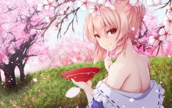 Rule 34 | 1girl, alternate hairstyle, bare shoulders, blue dress, blue sky, braid, braided bun, breasts, cherry blossoms, commentary request, cup, day, dress, finger to mouth, frilled shirt collar, frills, hair between eyes, hair bun, holding, holding cup, large breasts, long sleeves, looking at viewer, merxkialis, no headwear, off shoulder, outdoors, petals, pink eyes, pink hair, ribbon-trimmed collar, ribbon-trimmed sleeves, ribbon trim, saigyouji yuyuko, sakazuki, short hair, sidelocks, sky, smile, solo, touhou, tree, upper body