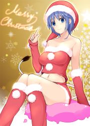Rule 34 | 1girl, arm support, bad id, bad pixiv id, bare shoulders, blue eyes, blue hair, blush, boots, breasts, christmas, closed mouth, collarbone, detached sleeves, doremy sweet, female focus, hand up, hat, index finger raised, jajao, knees together feet apart, looking at viewer, matching hair/eyes, medium breasts, merry christmas, midriff, miniskirt, navel, neck, pom pom (clothes), red detached sleeves, red footwear, red tube top, santa costume, santa hat, short hair, sitting, skirt, smile, snowflakes, snowflakes background, solo, star (symbol), strapless, tail, touhou, tube top