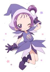 Rule 34 | 1girl, ;), arm up, blush, boots, buchi (y0u0ri ), closed mouth, commentary request, dress, earrings, full body, gloves, hand on headwear, hat, jewelry, looking at viewer, magical girl, ojamajo doremi, one eye closed, one side up, pointy footwear, purple dress, purple eyes, purple footwear, purple gloves, purple hair, purple hat, segawa onpu, short hair, smile, solo, star (symbol), white background, witch hat