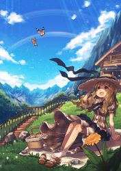 Rule 34 | 10s, 1girl, :d, arm support, bad id, bad pixiv id, blue sky, blush, brown eyes, brown hair, brown hat, bug, butterfly, day, dress, flower, food, hat, idolmaster, idolmaster million live!, insect, leaning back, long hair, miyao miya, narumi arata, open mouth, picnic basket, plaid, plaid dress, rainbow, sandwich, shoes, sitting, sky, smile, socks, solo, sun hat, unworn shoes, white socks