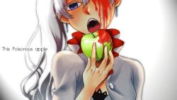 Rule 34 | 1girl, animated, animated gif, apple, blood, food, fruit, heart, kuma (bloodycolor), looking at viewer, open mouth, purple eyes, rwby, simple background, solo, weiss schnee, white hair