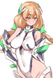 Rule 34 | 1girl, angela balzac, bad id, bad pixiv id, blonde hair, breasts, closed mouth, commentary request, covered navel, deva battle suit, elbow gloves, gloves, green eyes, halterneck, headgear, highleg, highleg leotard, hip focus, impossible clothes, impossible leotard, large breasts, leotard, long hair, looking at viewer, low twintails, neon trim, pilot suit, rakuen tsuihou, shiny skin, simple background, smile, solo, thong leotard, twintails, very long hair, white background, white leotard, yostxxx