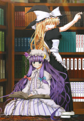 Rule 34 | 00s, 2girls, blonde hair, blush, book, chain, collar, crescent hat ornament, death note, dress, female focus, full body, hat, hat ornament, highres, imageboard desourced, indoors, kirisame marisa, long hair, multiple girls, non-web source, patchouli knowledge, purple eyes, purple hair, ribbon, smile, touhou, translation request, very long hair, witch, witch hat