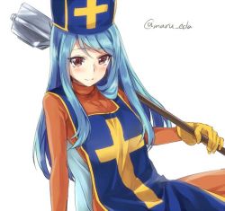 Rule 34 | 1girl, aqua hair, blush, bodysuit, cross, dragon quest, dragon quest iii, gloves, hat, jpeg artifacts, light smile, long hair, maruki (punchiki), priest (dq3), simple background, smile, solo, staff, twitter username, white background, yellow gloves
