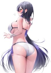Rule 34 | 1girl, ass, back, bandaged wrist, bandages, bare shoulders, bikini, black hair, blush, breasts, commentary, flying sweatdrops, from behind, highres, large breasts, long hair, looking at viewer, morros, original, side-tie bikini bottom, sideboob, simple background, solo, swimsuit, white background, white bikini