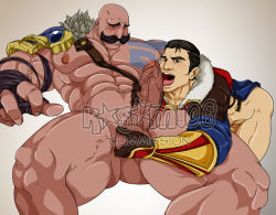 Rule 34 | 2boys, abs, bald, bara, bottomless, erection, facial hair, fellatio, kagami06, league of legends, male focus, multiple boys, muscular, oral, pectorals, penis, size difference, testicles, yaoi