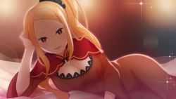 Rule 34 | 10s, 1girl, :d, bed sheet, blonde hair, breasts, capelet, cleavage, dress, hair ornament, hair scrunchie, high ponytail, highres, indoors, large breasts, lens flare, long hair, looking at viewer, lying, on side, open mouth, priscilla barielle, re:zero kara hajimeru isekai seikatsu, red dress, red eyes, scrunchie, smile, solo, sparkle, very long hair