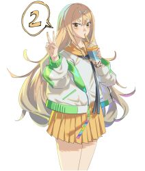 Rule 34 | 1girl, black neckerchief, blonde hair, bubble tea, cup, disposable cup, drinking, drinking straw, feet out of frame, floating hair, green jacket, hand up, highres, holding, holding cup, jacket, long hair, long sleeves, looking at viewer, low-tied sidelocks, neckerchief, official alternate costume, oodenta mitsuyo (tenka hyakken), sailor collar, salmonfordinner, school uniform, shirt, short eyebrows, skirt, solo, tenka hyakken, v, white background, white shirt, yellow eyes, yellow sailor collar, yellow skirt, zipper