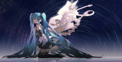 Rule 34 | 1girl, absurdres, bare shoulders, black footwear, black skirt, black sleeves, blue eyes, blue hair, boots, detached sleeves, electric guitar, from side, guitar, hair between eyes, hand up, hatsune miku, headset, highres, instrument, kiduki, kneeling, long hair, long sleeves, looking at viewer, looking to the side, miku day, notepad, pleated skirt, reflection, shirt, skirt, sleeveless, sleeveless shirt, solo, star trail, thigh boots, twintails, very long hair, vocaloid, white shirt, wide sleeves