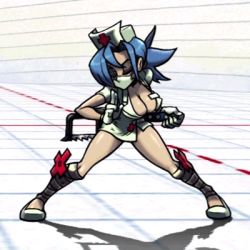 Rule 34 | 1girl, animated, animated gif, blue hair, bouncing breasts, breasts, female focus, hat, legs, lowres, mask, mouth mask, nurse, nurse cap, ponytail, red eyes, skullgirls, surgical mask, valentine (skullgirls)