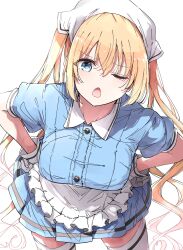 Rule 34 | 1girl, apron, blend s, blonde hair, blue eyes, blue shirt, blue skirt, breasts, collared shirt, frilled apron, frills, gloves, hair between eyes, hand on own hip, head scarf, highres, hinata kaho, large breasts, long hair, looking at viewer, maid, nyoijizai, one eye closed, open mouth, pleated skirt, puffy short sleeves, puffy sleeves, shirt, short sleeves, simple background, skirt, smile, solo, stile uniform, thighhighs, twintails, very long hair, waist apron, waitress, white apron, white background, white gloves, white thighhighs