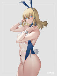 Rule 34 | 1girl, absurdres, animal ears, blonde hair, blue eyes, blue hairband, blush, breasts, closed mouth, cowboy shot, dick-o-meter, fake animal ears, from side, hair between eyes, hairband, hands up, heart, highres, leotard, looking at viewer, looking to the side, measuring, medium breasts, medium hair, meme attire, milephunter, original, penis measuring, playboy bunny, rabbit ears, rabbit tail, see-through, see-through leotard, solo, tail, translucent bunnysuit, wrist cuffs