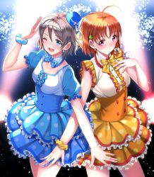 Rule 34 | 10s, 2girls, ahoge, blue eyes, blush, bow, bowtie, breasts, brown hair, center frills, clover hair ornament, detached collar, dress, earrings, frills, hair ornament, hairband, hand on own chest, hat, highres, jewelry, looking at viewer, love live!, love live! school idol festival, love live! sunshine!!, mini hat, multiple girls, one eye closed, open mouth, orange hair, polka dot, polka dot bow, red eyes, salute, scrunchie, short hair, smile, swordsouls, takami chika, watanabe you, wrist scrunchie